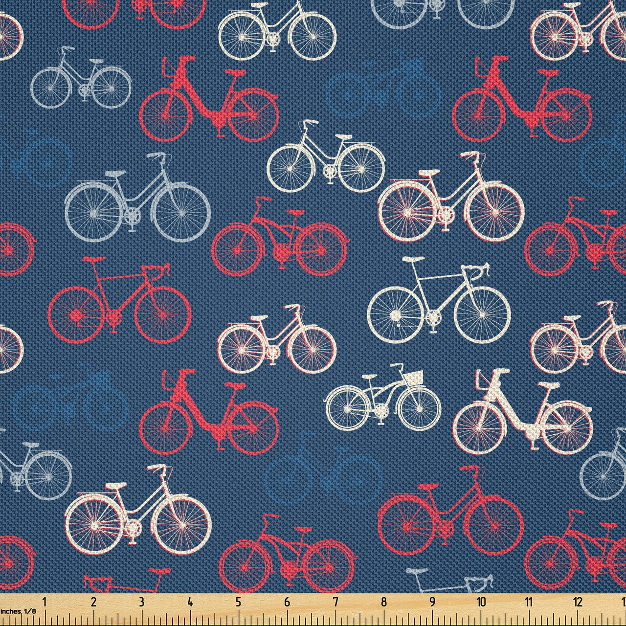 Ambesonne Bicycle Fabric by The Yard, City Race and Girls Bike Sketches in Different Colors Retro on Blue Background, Decorative Satin Fabric for Home Textiles and Crafts, 1 Yards, Night Blue